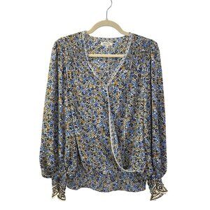 Max Studio Floral Faux Wrap Bodice Smocked Blouse Size Small